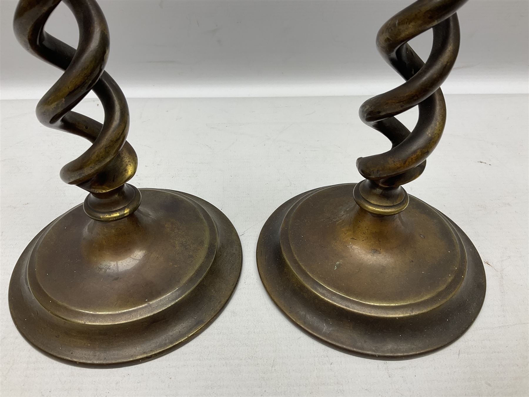 Pair of Victorian brass barley twist candle sticks, H30cm