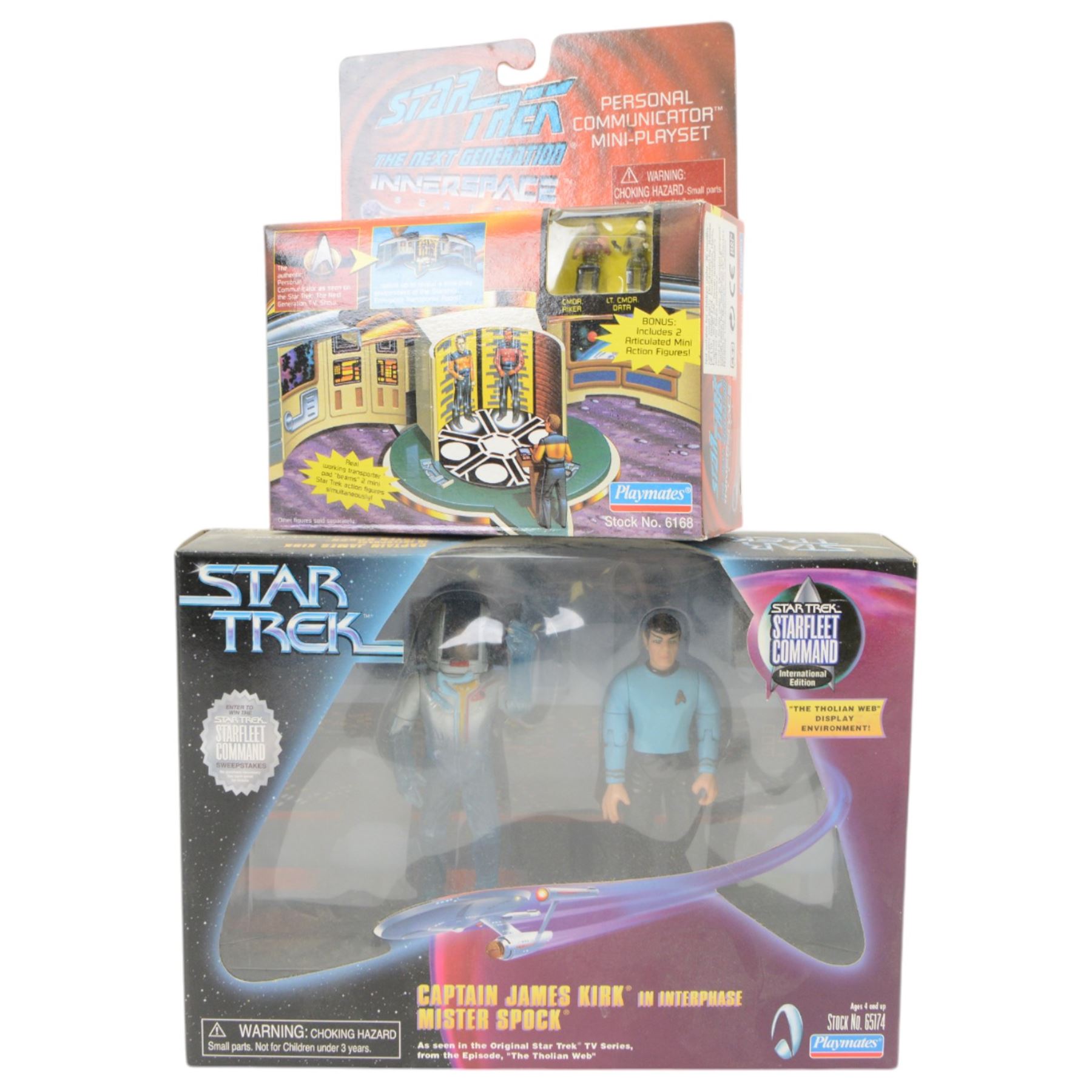 Four Bandai Playmates Star Trek Interspace Mini Playsets, comprising Romulan Warbird, Borg Ship, U.S.S Stargazer Starship and Collector's Edition Personal Communicator collector's no. 059464, together with a Bandai Playmates Star Trek Star Fleet Command International Edition Captain James Kirk Mr Spock In Interphase, all boxed or carded, together with two loose Star Trek figures