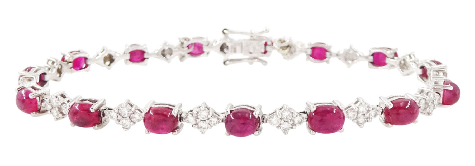 18ct white gold ruby and diamond bracelet, fifteen oval cabochon cut rubies, each spaced by four round brilliant cut diamonds, Sheffield 2009, total ruby weight 10.10 carat, total diamond weight approx 0.60 carat