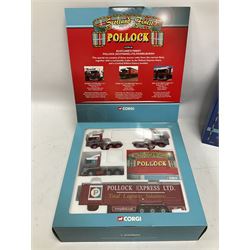 Corgi - two limited edition 1:50 scale heavy haulage vehicle sets comprising CC99129 Norfolk Line with DAF XF Super Space Cab, Curtainside Trailer, Fridge Trailer and History Booklet; and CC99130 Pollock (Scotrans) Ltd. Musselburgh with three fleet tractor units, curtainside trailer and History Booklet; both boxed (2)