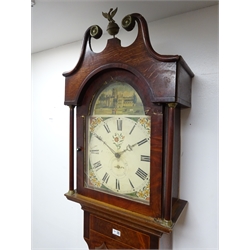  19th century inlaid oak longcase clock, broken arch pediment, painted dial, Roman numeral and subsidiary calendar dial, thirty hour movement striking on a gong, H222cm  
