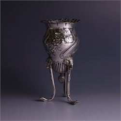 Late Victorian silver vase, of baluster form with fluted rim, the body with embossed floral decoration, upon three tall legs with ramshead mounts, hallmarked William Comyns & Sons, London 1890, H13.5cm