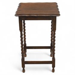 Early 20th century mahogany side table; with bedside cabinet, shaped rectangular top on barley twist supports united by stretchers (H 72cm, W 42cm, D 45cm), together with a Late Victorian tiger bamboo occasional table, rectangular two-tier form with woven cane surfaces, the upper tier with raised edge above splayed supports with naturalistic jointing (H 70cm, W 52cm, D 36cm)