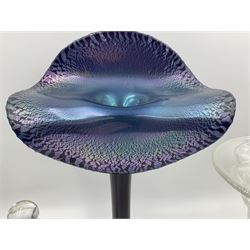20th Century studio glass Okra Jack in the Pulpit vase, in deep blue with silvered trails, engraved signature, to base, together with David Wallace studio glass opalescent bottle and stopper and vase, Okra vase H30cm