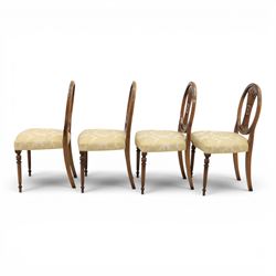 Bevan Funnell Reprodux - Regency design set of ten mahogany dining chairs, oval backs with central splat with rose motif, serpentine seat upholstered in damask fabric, raised on turned supports