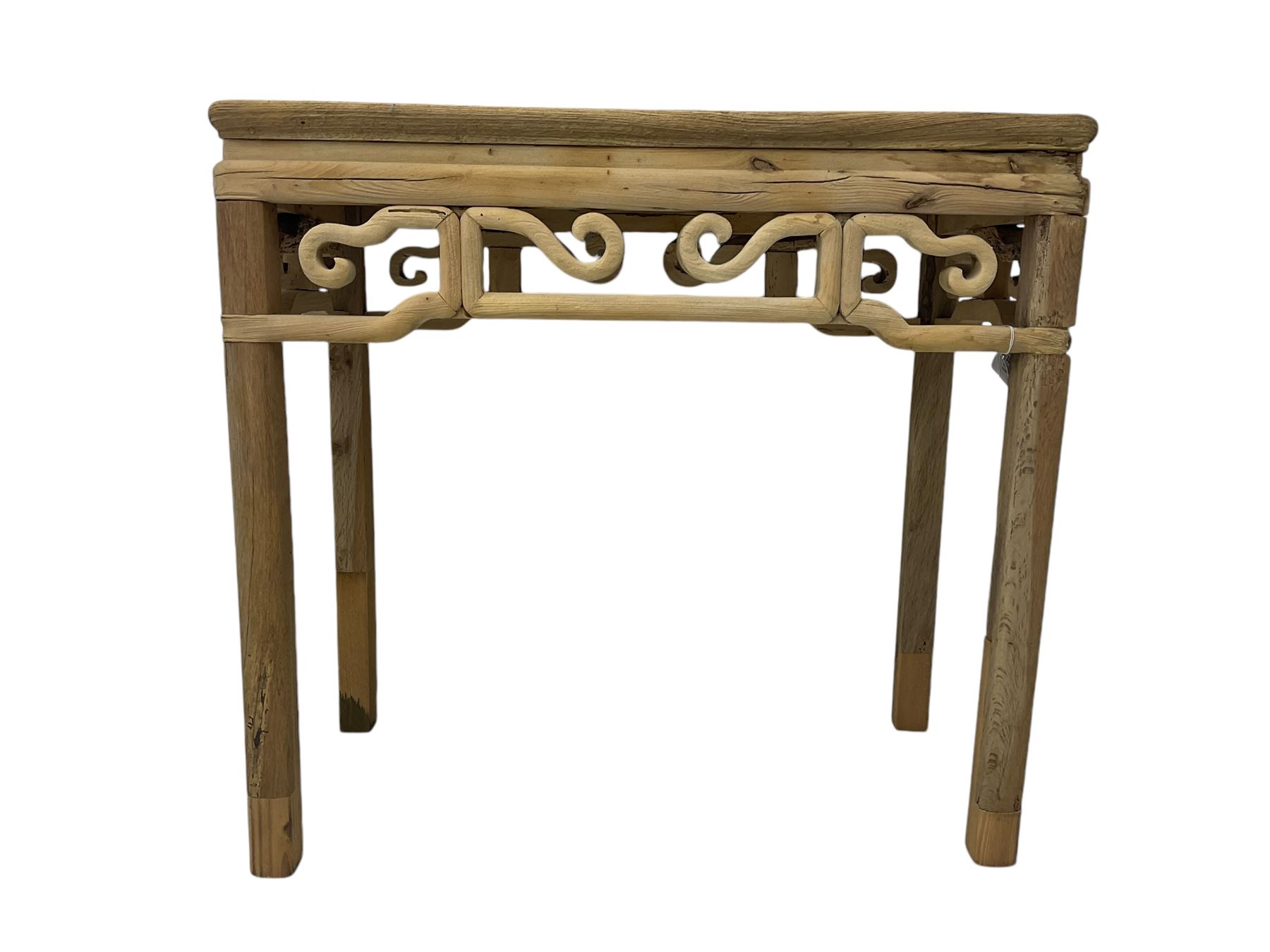 Chinese Ming design elm side table, rectangular top over shaped frieze rails, on square supports with curved outer edge 