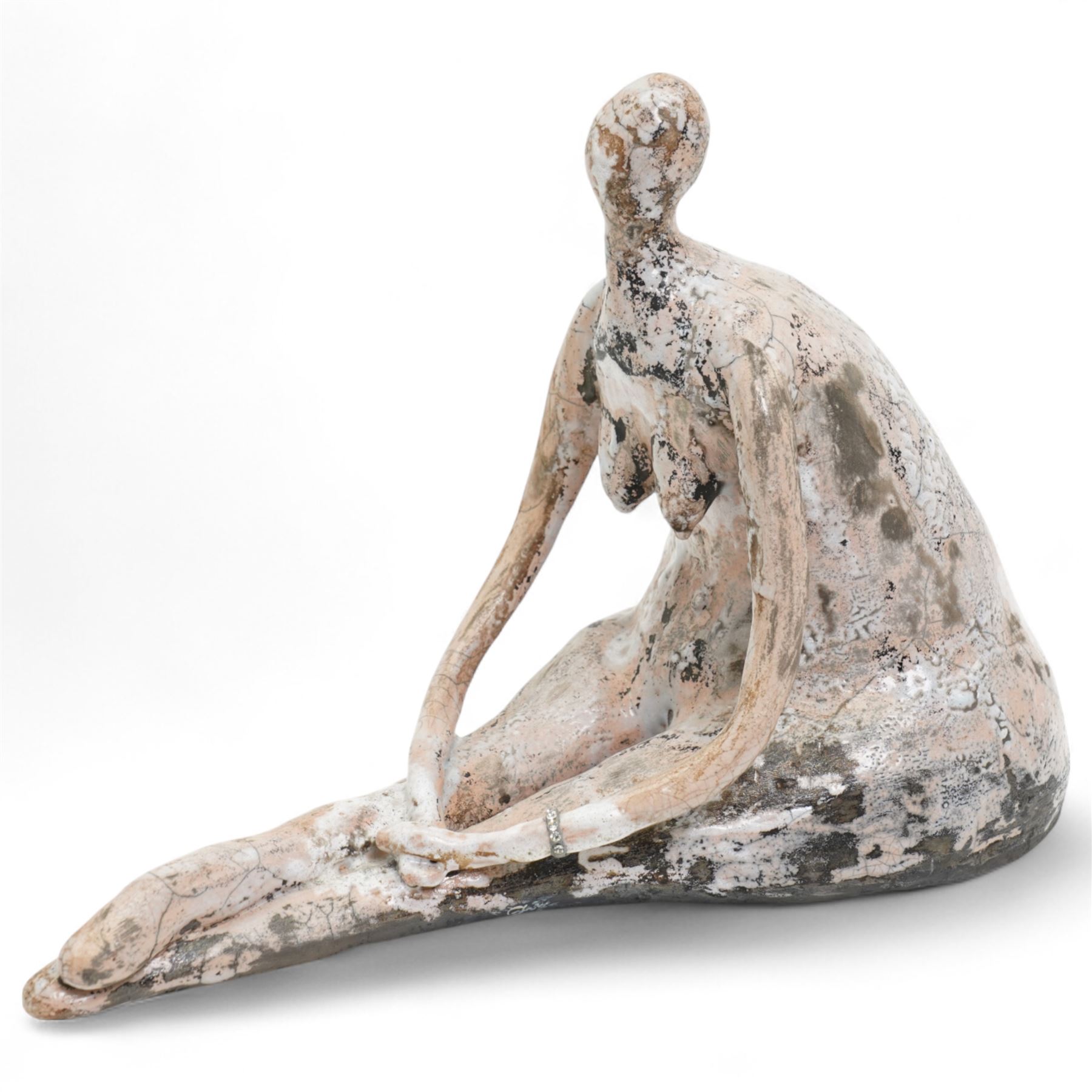 Galea Belinscaia (Yorkshire Contemporary): 'The Bracelet', raku figural sculpture, signed to base, W35cm H24cm