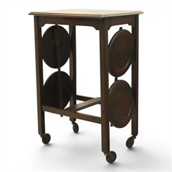 Early 20th century side table with double cake stand, rectangular moulded top, cake stands either side with support, raised on square legs terminating in castors