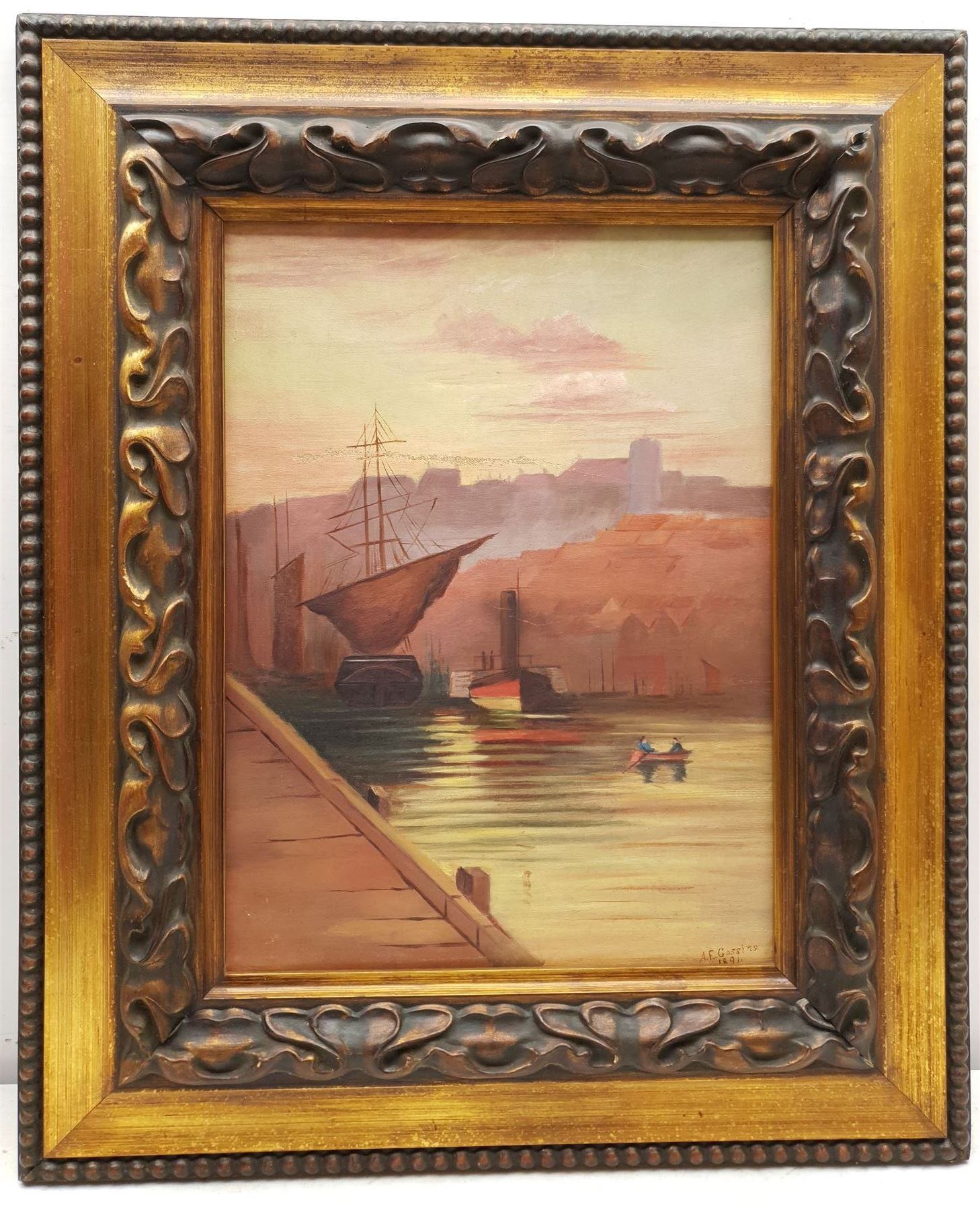 A E Gossin (British 19th/20th century): Steamer in Whitby Harbour, oil on canvas signed and dated 1891, 39cm x 29cm