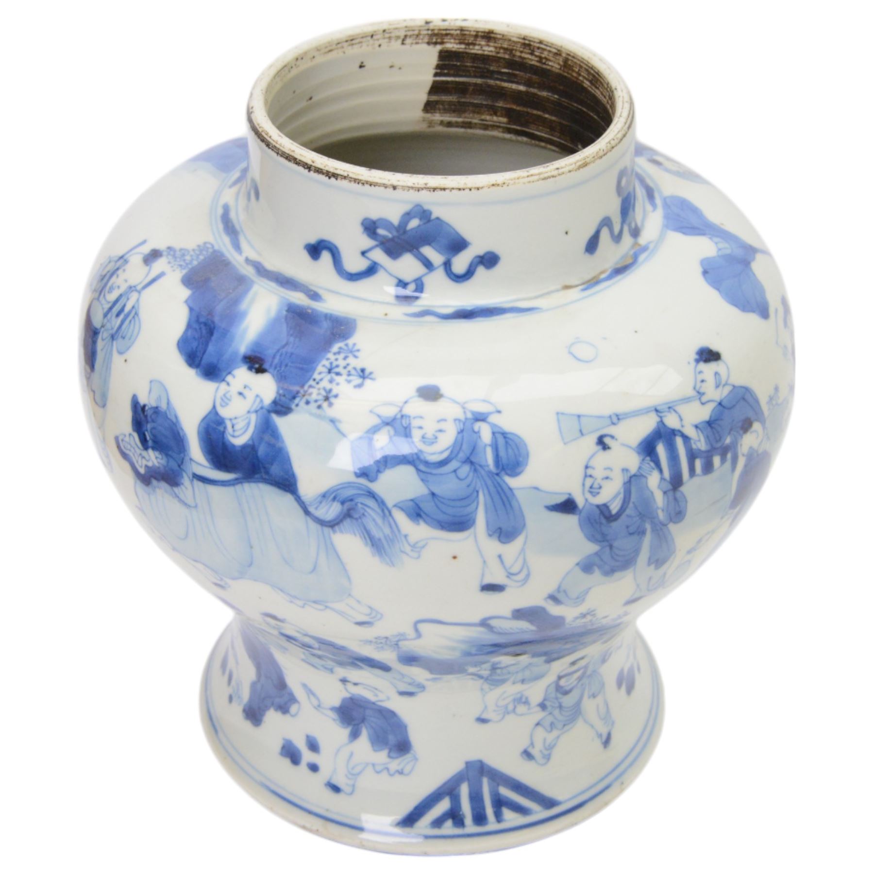 19th century Chinese blue and white jar, of pronounced baluster form, decorated in the Hundred Boys design, with numerous children at play, H23cm

The hundred boys design was a popular theme in Chinese Art employed from the Song period onwards. It expresses the desire to continue the family through male heirs and the performance of filial duties