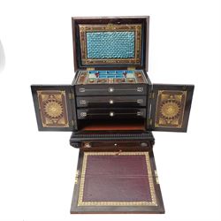Early Victorian rosewood and mother of pearl inlaid sewing, jewellery, and writing casket  with hinged lid, the upper section fitted for sewing implements, above four drawers, the bottom drawer with writing slope and on compressed fluted feet H36cm x W34cm