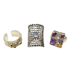 Paula Bolton silver Jupiter ring hallmarked, silver citrine, amethyst and garnet ring and a moonstone ring, both stamped 925