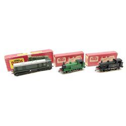 Hornby Dublo - two-rail Class R1 0-6-0 Tank locomotive No.31337 with instructions and tested tag; 2207 Class R1 0-6-0 Tank locomotive in green No.31340; and re-painted 2230 1000 B.H.P. Diesel Electric locomotive No.D8006; all in red striped boxes (3)