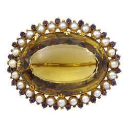 Victorian gold large oval citrine brooch with amethyst and split pearl surround