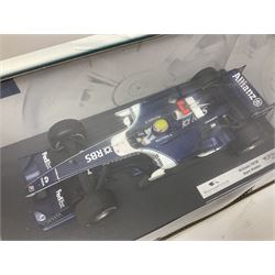 Five Mattel Hot Wheels 1:18 scale die-cast racing cars - Ferrari 248F1 Michael Schumacher, Renault F1 Team R25 Fernando Alonso, Williams F1 Team Williams FW28 Mark Webber, Jordan 199 Damon Hill and Williams F1 Team BMW; all boxed (5)