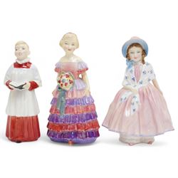 Collection of twelve Royal Doulton figures, comprising 'Omar Khayyam' HN2247, 'Bedtime', 'This Little Pig' HN1793, 'The Little Bridesmaid' HN1433, 'Thursday's child has far to go', 'Bunnykins Sleepytime', 'Lily' HN1798, 'Carrie' HN2800, 'The Delight of Spring', 'The Bedtime Story' HN2059, 'Tinkle Bell' HN1677, Choir Boy HN2141 (12)