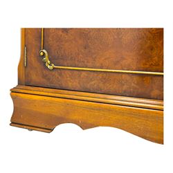 Ian Smith Furniture - Georgian design walnut bookcase on cupboard, projecting cornice above a pierced geometric frieze, featuring two astragal-glazed doors enclosing two adjustable shelves, the base with two drawers above a double cupboard, on a shaped plinth base