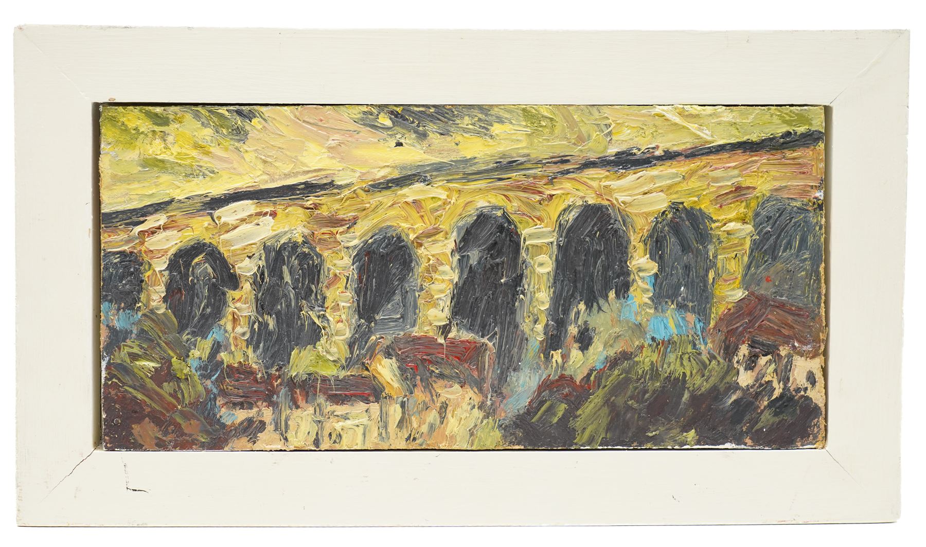 Barry De More (Yorkshire 1948-2023): Westvale Viaduct', oil on board, signed titled and dated 2012 verso 14.5cm x 31cm
Provenance: consigned by the artist's widow
