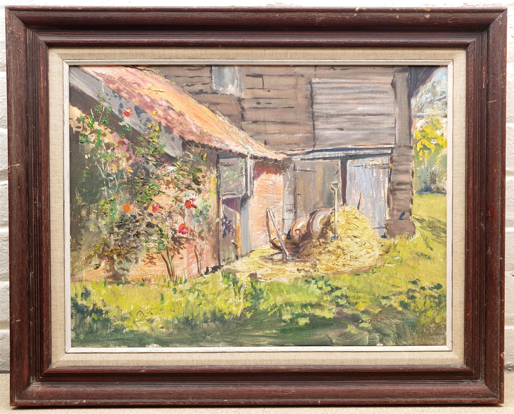 Dorothy P Swanton (neé Tuck) (British 1929-?): 'Piggery Pitcher's Farm' Norfolk, oil on canvas signed and titled on label verso 44cm x 60cm