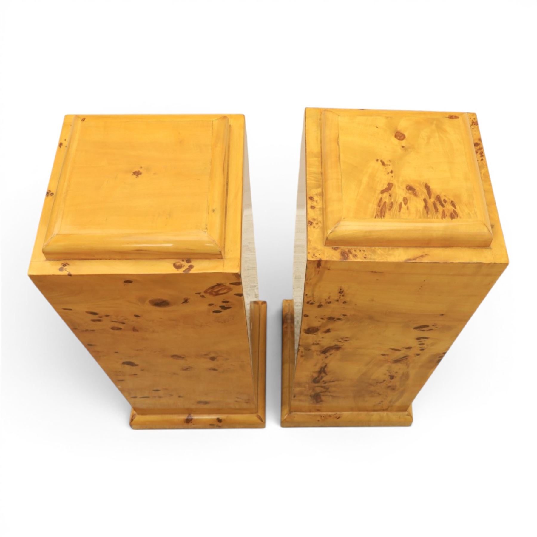 Art Deco style pair of burr walnut pedestals, rounded square top raised on a plinth base