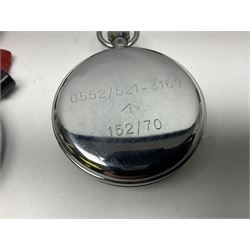 Nero Lemania - Royal Air Force type military stopwatch, outer black register for 60 seconds with 1/5th seconds divisions, inner red register to 100 with 1/10 divisions, subsidiary dial recording to 30 minutes, signed and marked with Broad Arrow, case back engraved '0552/521-3169' Broad Arrow '152/70'; together with a Balmaster Antichoc 1/10 4 Rubis stopwatch (2)