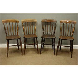  Set four 19th century farmhouse stick back chairs, shaped elm seats on turned supports (4)  