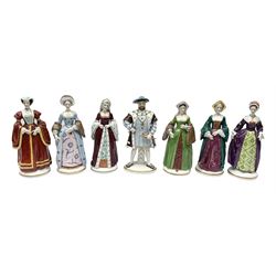 Set of seven 20th century Sitzendorf figures, Henry VIII and his six wives, all with printed marks beneath, tallest H20cm