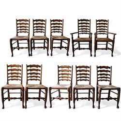 Set of ten late 20th-century, 17th-century design oak ladder-back dining chairs with rush ...