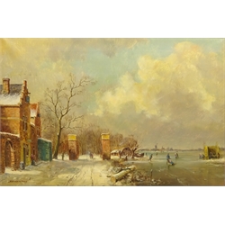  Dutch Winter Scene with Figures Skating on Ice, oil on canvas signed by Stephan de Haan (Dutch 1914-) 40cm x 60cm  