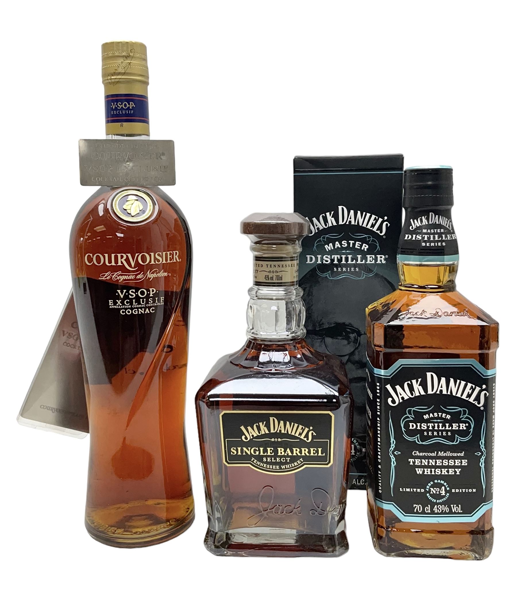 Jack Daniels, single barrel Tennessee whisky, 700ml, 45% vol, Jack Daniels, Tennessee whiskey master distiller series No.4, 700ml, 43% vol, and Courvoisier VSOP cognac, 70cl, 40% vol (3)