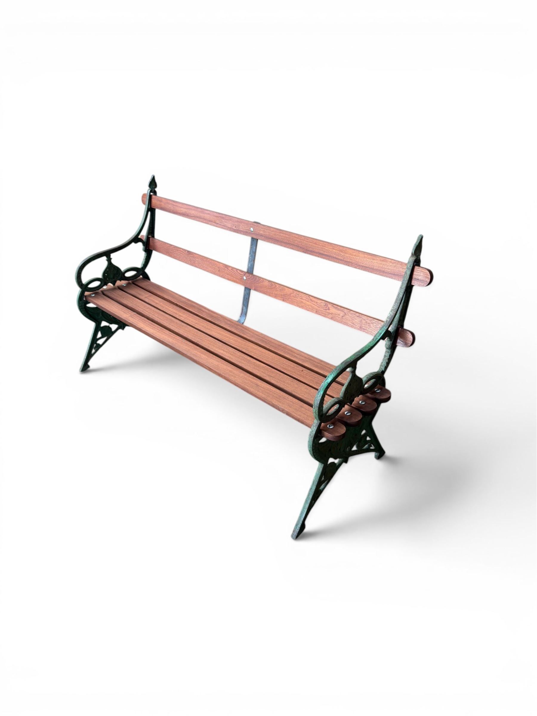 Coalbrookdale - Lily Pad design cast iron an wood slatted garden bench, late 19th century Aesthetic Movement, no. 217569, distressed green paint, iron centre support and seat stretcher, hardwood slatted