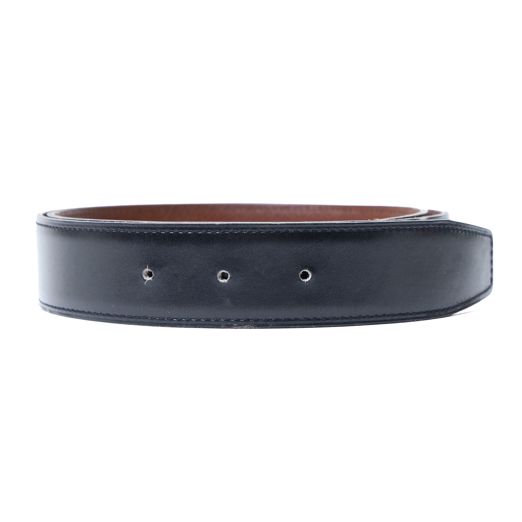 Hermès - vintage black leather belt, with silver-tone rectangular pin buckle and stitched edging, stamped HERMÈS; with additional Hermes reversible black and brown belt (no buckle), size 80