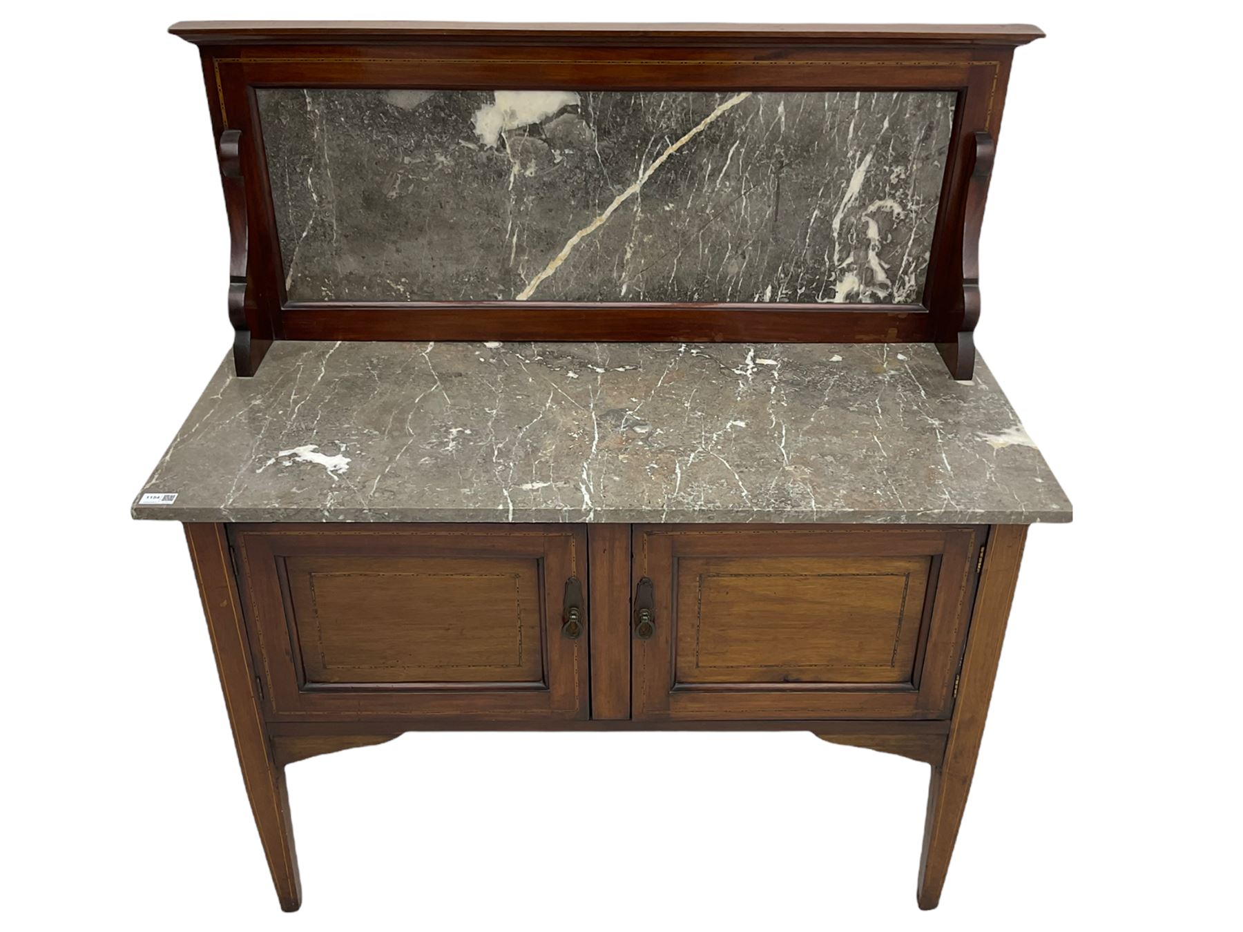 Edwardian inlaid mahogany washstand, raised grey and white marble back and top, fitted with double cupboard, square tapering supports