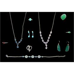  Silver stone set jewellery including blue zircon and white topaz bracelet, pair of turquoise and iolite earrings, amethyst necklace, blue topaz necklace, emerald ring, chalcedony ring and a pair of green onyx earrings