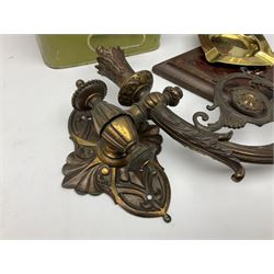 Victorian bronzed wall sconce, ornately decorated with ram's heads fixings, brass Primus paraffin pressure stove in tin box, brass doorstop modelled as a Scottish soldier, brass ashtrays, two wood boxes