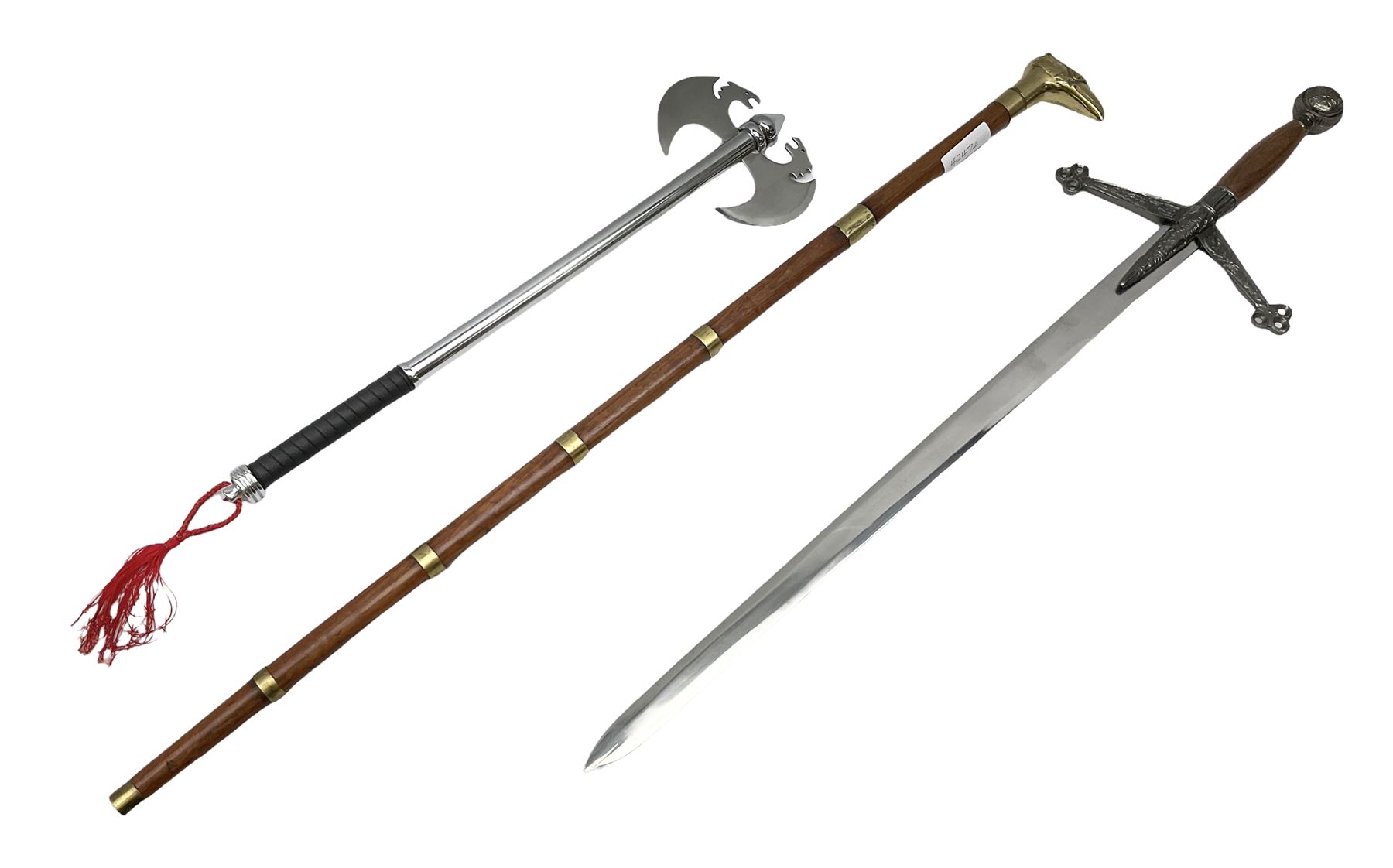 Two replica weapons, consisting of a double headed battle axe and a sword, together with a brass birdhead topped walking stick, stick H67cm