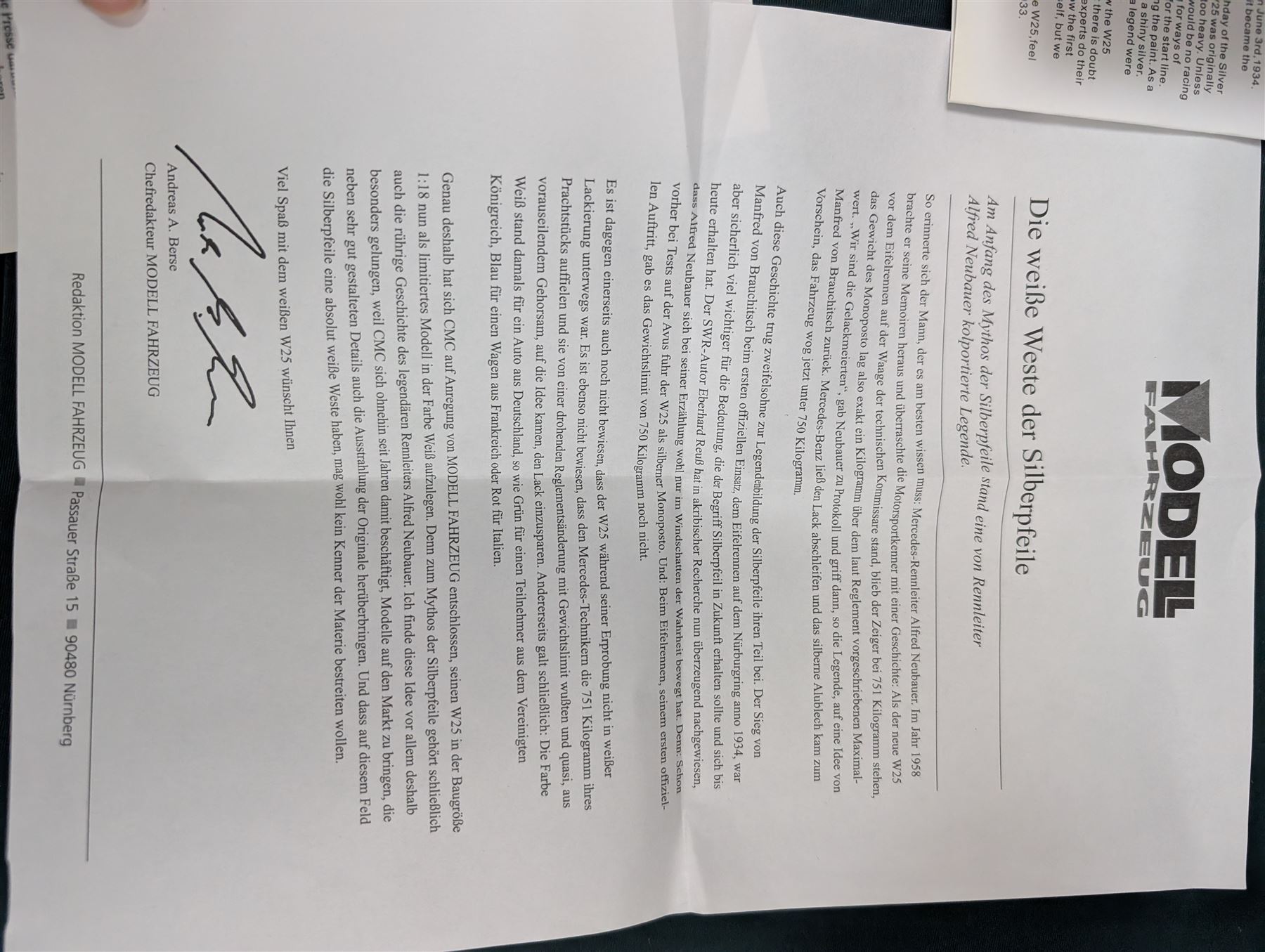 Limited edition CMC 1:18 scale diecast model car no.M065 Mercedes Benz W25 1934 in white, boxed