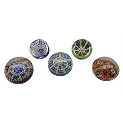 Five Millefiori glass paperweights, of d