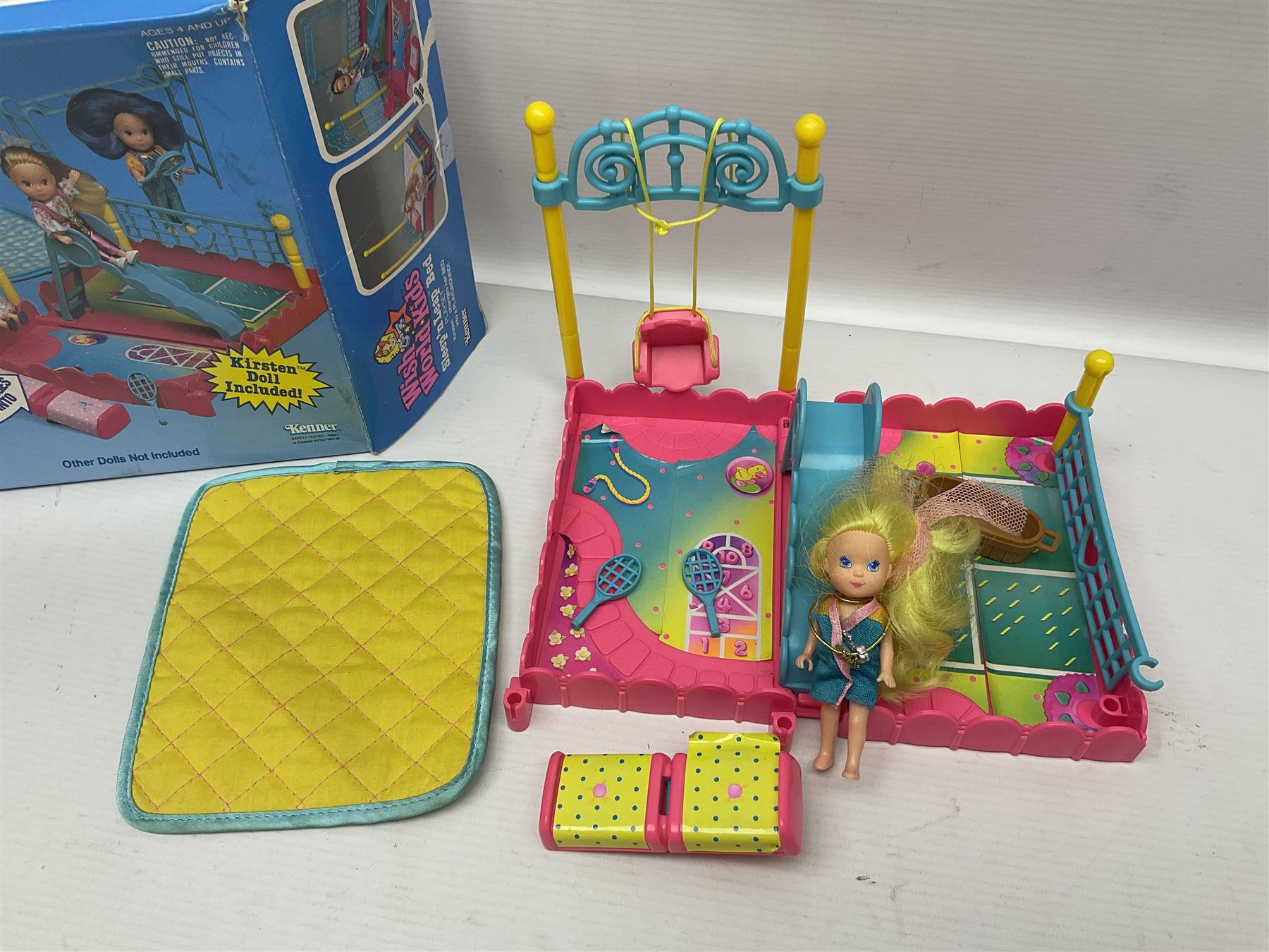 Wish World Kids - Eleven play sets comprising Treats ‘n Sweets Refrigerator, Grin ‘n Win TV, Sponge ‘n Plunge Bathtub, Socks ‘n Locks Dresser, Spice ‘n Slice Stove, Sleep ‘n Leap Bed, File ‘n Smile Desk, Blaze ‘n Braise Fireplace, Hear ‘n Cheer playset in Sponge ‘n Plunge box, two Read ‘n Speed Chair playsets in one box