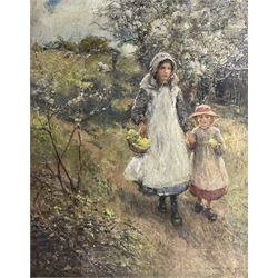 Rowland Henry Hill (Staithes Group 1873-1952): 'April' - The Primrose Gatherers, oil on canvas signed and dated 1910, original title label verso with artist's address 'Cannon Cottage, Runswick, Hinderwell' 90cm x 70cm
Provenance: in the same family ownership since the 1930s, this picture was probably the inspiration for the formation of an important collection of Staithes Group pictures by later generations. Surely one of the finest, and indeed largest, Rowland Hills ever to come on to the market.