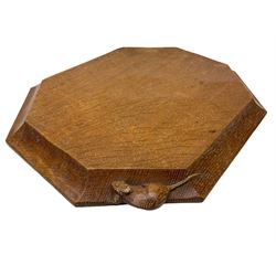 Mouseman - adzed oak breadboard, canted rectangular form with moulded edge carved with mouse signature, by the workshop of Robert Thompson, Kilburn, W31cm D26cm