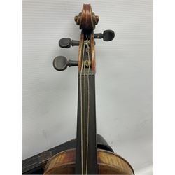 Late 19th century French three-quarter size 'Conservatory' violin with 34cm two-piece maple back and ribs and spruce top, the peg box inscribed 'Conservatory Violin Straduari', bears label 'Antonius Stradiuarius Cremonensis Faciebat Anno 1721' L55.5cm overall; in ebonised wooden 'coffin' case
