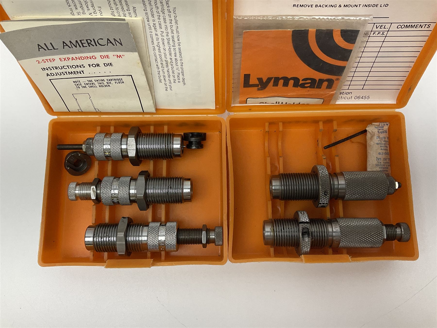 Two sets of reloading dies by Lyman comprising .303 British and  .44 Magnum; both in original boxes with paperwork