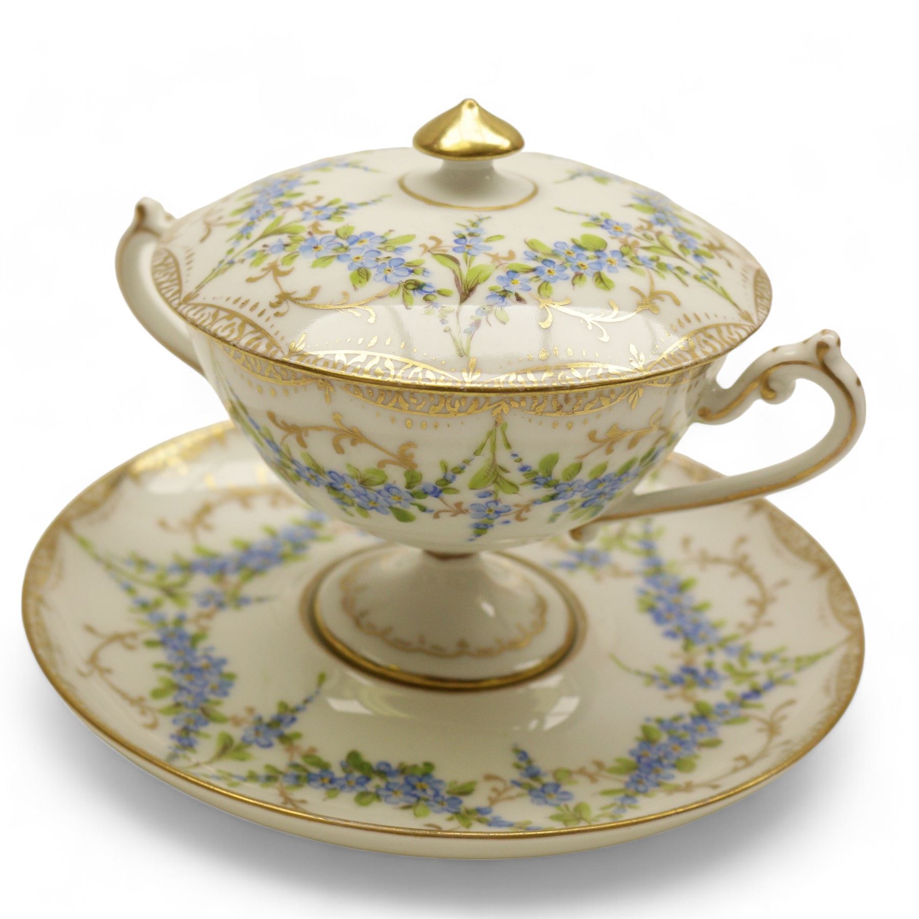 Four early 19th century Dresden cups and saucers, comprising twin handled chocolate cup and cover, decorated with floral swags, cup and saucer decorated with children dancing and two others 