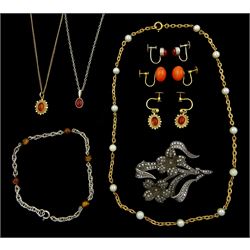 9ct gold jewellery including pearl necklace, coral bead earrings, orange stone set pendant necklace and matching earrings, silver marcasite brooch, silver earrings and silver tigers eye bracelet