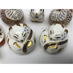 Seven Royal Crown Derby Paperweights, to include Field mouse with silver stopper, Dormouse, Chicken etc,  six without stoppers   