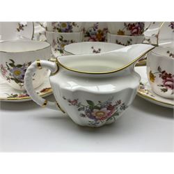 Royal Crown Derby Posies pattern tea service for six, comprising teapot, milk jug, open sucrier, cups and saucers, dessert plates and cake plate, together with matching pattern plates and bowls (28) 