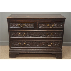  19th century carved oak chest, two short and two long drawers, bracket supports, W122cm, H93cm, D56cm  