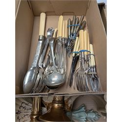 Pair of modern candlesticks in gilt finish, Chinese wooden waste paper basket, box of cutlery and other collectables