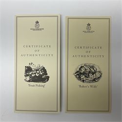 Five Royal Worcester figures, comprising Market Day, Noelle, Bakers Wife, Goose Girl and Fruit Picking, all with printed marks beneath and some with certificates of authentication  